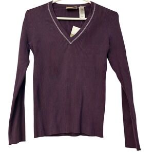 Liz Claiborne Lizwear Purple V-Neck Ribbed Knit Sweater Silver Trim LWMUA178